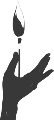 Silhouette hand holding burning match black color only
