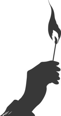 Silhouette hand holding burning match black color only