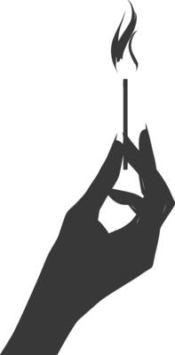 Silhouette hand holding burning match black color only