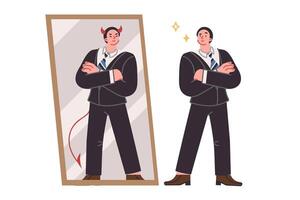 Business man seeing devil in reflection in mirror, for concept duplicity and hypocritical behavior vector