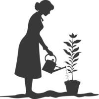 Silhouette housewife watering plant full body black color only vector