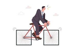 Strange business man on bicycle with square wheels, standing still due to incorrectly equipment vector