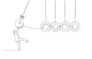 continuo uno línea dibujo de empresario emprendedor ligero bulbo a hacer rueda dentada trabajar, implementar ideas dentro real negocio práctica concepto, soltero línea Arte. vector