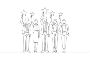 Continuous one line drawing of business team raising stars, high quality business team, teamwork with best performance concept, single line art. vector
