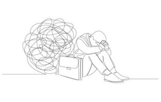 Continuous one line drawing of depressed businessman sitting on the floor beside messy line, burden of stress from complex problems at work, concept, single line art. vector