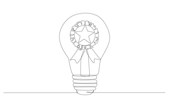 Continuous one line drawing of light bulb with star badge inside, best idea for work or business, winning idea in competition concept, single line art. vector