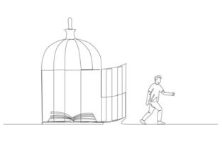 Continuous one line drawing of man walking out of cage with opened book inside, learning beyond book concept, single line art. vector