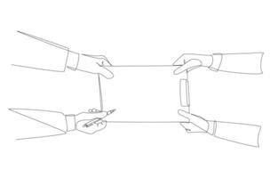 Continuous one line drawing of hands of employee handing document to manager for signature, work handover concept, single line art. vector