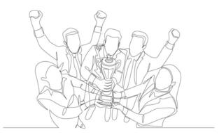 Continuous one line drawing of business team celebrating with trophy, business team success concept, single line art. vector