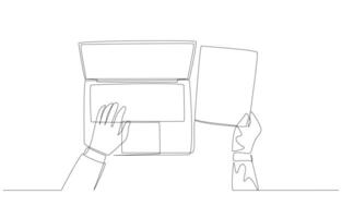 Continuous one line drawing of one hand typing on laptop and another hand holding document, entering raw data into system concept, single line art. vector