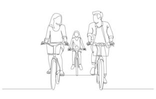 Continuous one line drawing of parents spending free time cycling with daughter, family activity concept, single line art. vector