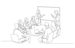 Continuous one line drawing of businessman and businesswoman presenting project to other business people, business meeting, project presentation concept, single line art. vector