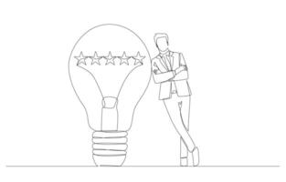 Continuous one line drawing of businessman leaning against light bulb with 5 stars inside, high quality creativity in work or business concept, single line art. vector