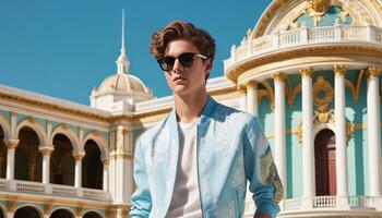 Stylish young caucasian man wearing sunglasses and a light blue jacket posing in front of a classical architecture backdrop, perfect for fashion and travel concepts photo