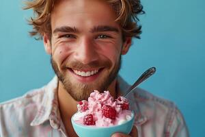 handsome man is eating yogurt with spoon photostock style isolated on blue gradient background photo