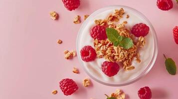 yogurt with jam for breakfast with ample copy space on pastel backdrop photo