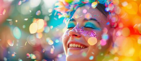 Joyful woman with colorful makeup and confetti celebrating Carnaval or Pride, portraying happiness and diversity, with a vibrant bokeh background photo