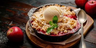 Gourmet apple crumble with vanilla ice cream on a rustic table, ideal for autumn harvest festivals and Thanksgiving dessert concepts photo