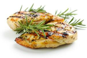Grilled chicken breasts garnished with fresh rosemary sprigs isolated on white, perfect for culinary concepts and healthy eating themes photo