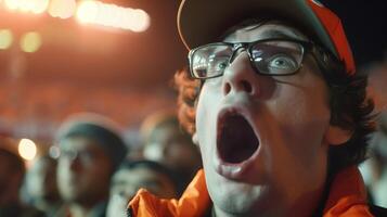 Astonished young Caucasian male sports fan in glasses and orange apparel reacting at a suspenseful event, concept related to sports games and fan culture photo