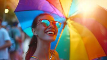 Joyful Caucasian woman celebrating Pride parade with a colorful rainbow umbrella on a sunny day, embodying LGBT community and equality concepts photo