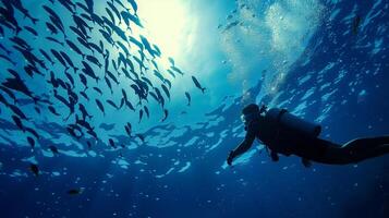 Underwater silhouette of a diver exploring a vibrant school of fish against the sunlit blue ocean, perfect for World Oceans Day and marine life conservation photo