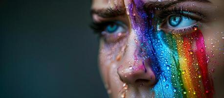 Close up of a person with vibrant rainbow colored face paint and tears, symbolizing LGBTQ pride and diversity concepts, suitable for Pride Month promotions photo