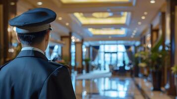 Uniformed hotel doorman awaiting guests in a luxury lobby, evoking concepts of hospitality, service industry, and travel accommodations photo
