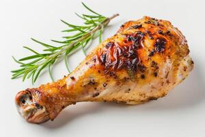 Roasted chicken drumstick garnished with fresh rosemary, perfect for culinary websites and holiday meal concepts, such as Thanksgiving or Christmas dinners photo