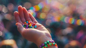 Outstretched hand holding vibrant Mardi Gras beads with bokeh background, concept of celebration, carnival, and festive holidays photo