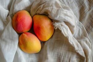 ripe mangoes on a linen cloth, soft texture contrast with vibrant orange photo