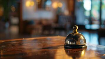 A service bell sits on a polished wooden reception desk within a warmly lit, cozy hotel lobby, depicting hospitality, travel, and customer service concepts photo