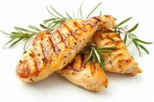 Grilled chicken breasts garnished with fresh rosemary, perfect for healthy eating themes, recipe blogs, and culinary celebrations like Thanksgiving or Christmas photo