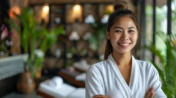 Cheerful Asian woman in a white robe smiling confidently at a luxurious spa, embodying wellness and self care during Global Wellness Day photo