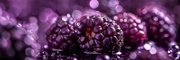 jugoso moras con gotas de agua, cerca arriba, aislado en un oscuro púrpura antecedentes foto