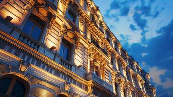 iluminado barroco fachada de un elegante histórico edificio a crepúsculo, exhibiendo arquitectónico detalles y lujo real inmuebles concepto foto