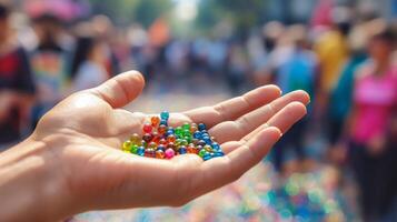 Close up of a persons hand holding colorful beads with a blurred background of a crowd, evoking themes of diversity and craft festivals photo