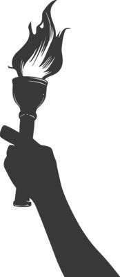 Silhouette hand holding burning torch black color only