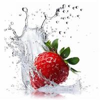 Fresh ripe strawberry with water splashes isolated on white background, ideal for food, health, and summer concepts photo