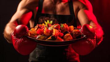 muscular cocinero en boxeo guantes presentación un plato de humeante caliente ensartado verduras, simbolizando sano comiendo y aptitud motivación, Perfecto para nuevo años resoluciones foto