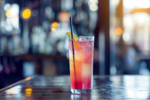 Refreshing summer cocktail with lemon garnish on a wooden bar counter with blurred background, perfect for menu design and holiday celebrations photo