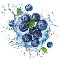 Fresh blueberries with splashing water and leaves isolated on white, suitable for healthy eating concepts and summer refreshment themes photo