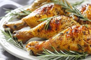 Roasted chicken drumsticks garnished with fresh rosemary, perfect for culinary websites and Thanksgiving recipes photo