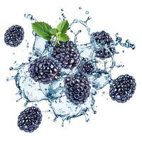 Fresh blackberries with splashing water and green leaves isolated on white background, concept for healthy eating, summer fruits, and refreshing beverages photo