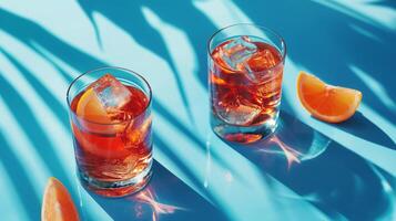 dos lentes de con hielo aperol rociar con naranja rebanadas en un azul superficie con palma sombra, evocando verano vibraciones y relajación foto