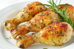 Juicy roasted chicken drumsticks garnished with fresh rosemary on a white plate, perfect for culinary blogs and holiday recipes like Thanksgiving photo