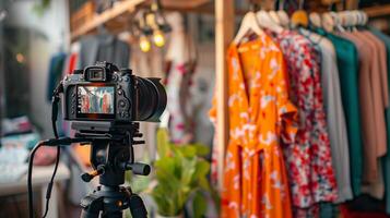 Digital camera on tripod filming a colorful boutique clothing rack, concept related to fashion blogging and online retail marketing photo