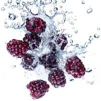 Fresh blackberries plunging into crystal clear water with dynamic splashes, ideal for summer refreshment themes or healthy eating concepts photo