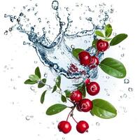 Fresh cherries with green leaves splashing into water with dynamic droplets, isolated on a white background, related to healthy eating and summer photo