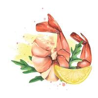 Boiled shrimp with a slice of lemon and arugula leaves on the background of a watercolor spot. Watercolor illustration. Composition from the SHRIMP collection. For the design and design of menus vector